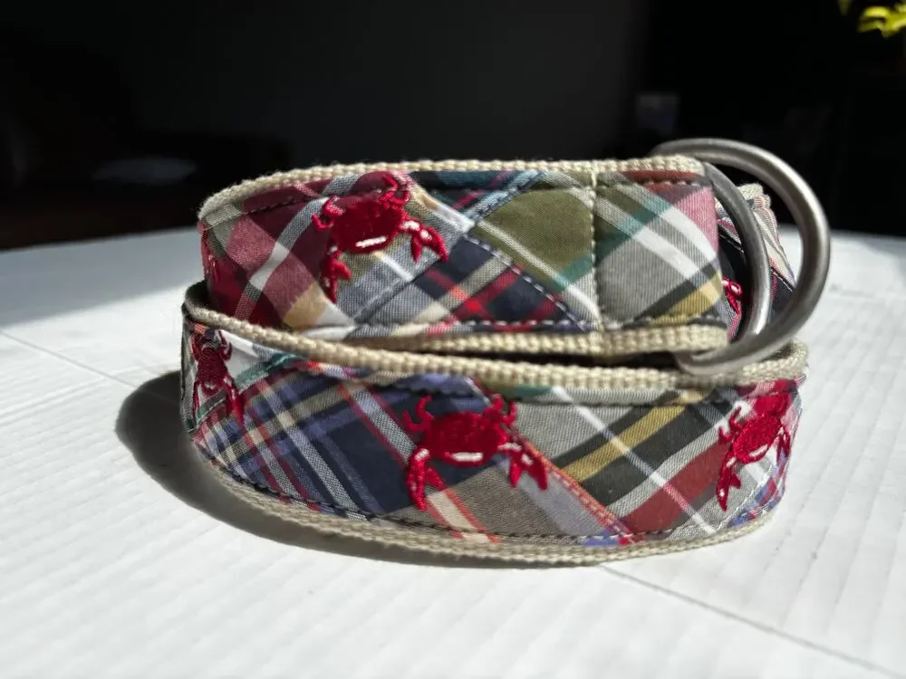L.L. Bean Womens S/M Madras Plaid Patchwork Embroidered Crab Belt D-Ring Canvas